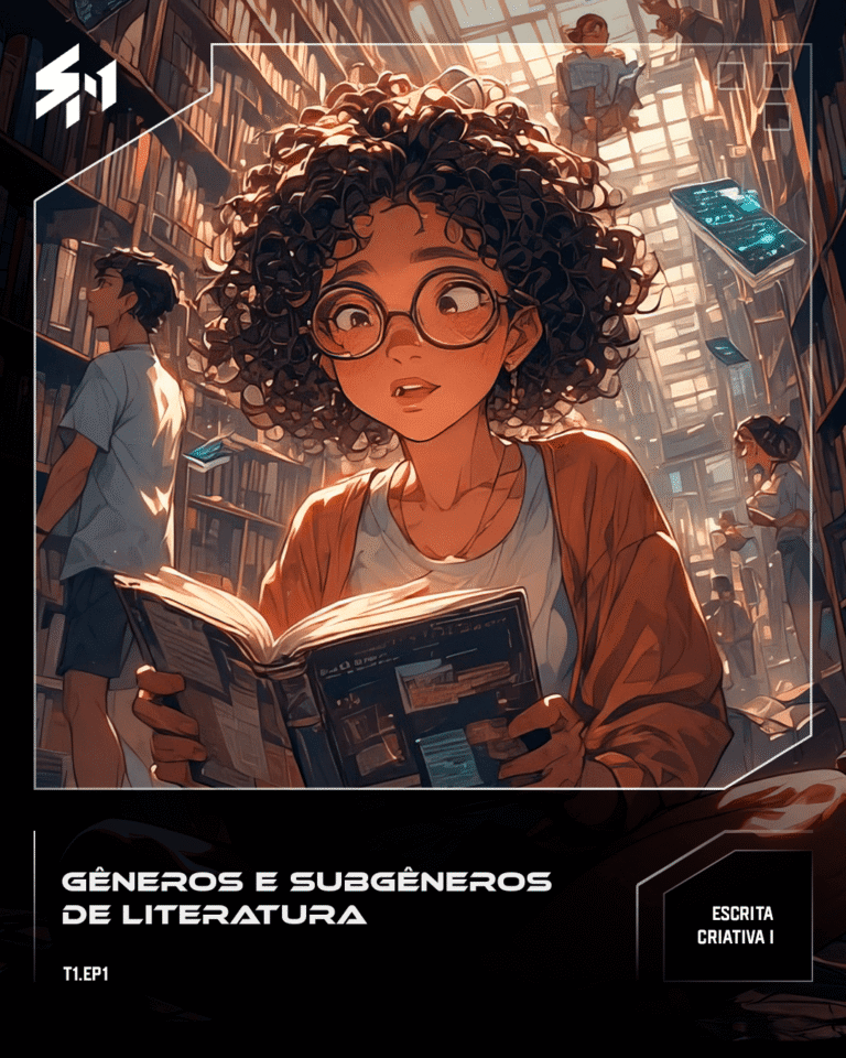 Pessoas numa biblioteca a segurar livros de diferentes géneros (romance, ficção, fantasia, etc.)