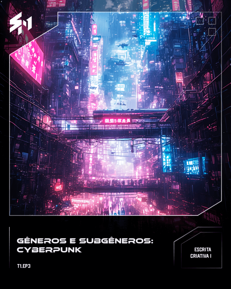 Cidade cyberpunk a mostrar um futuro distópico com alta tecnologia.