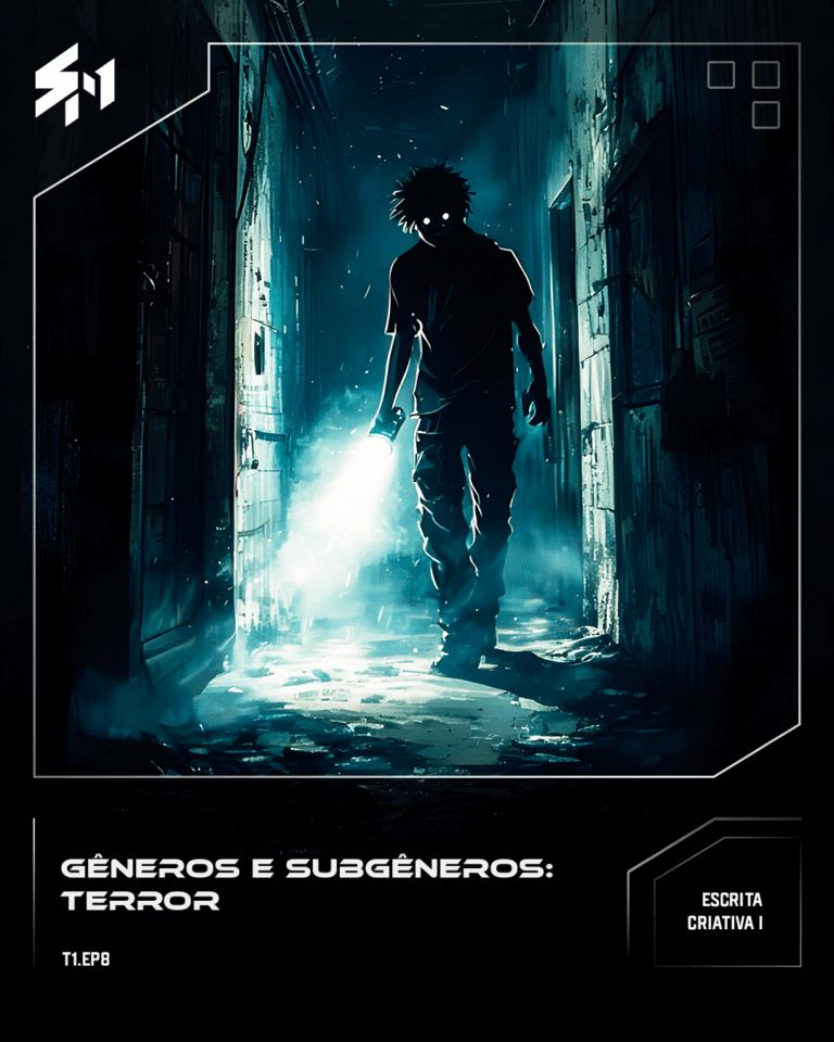 Um corredor escuro e sombrio com uma pessoa a expressar medo e tensão para atravessar.