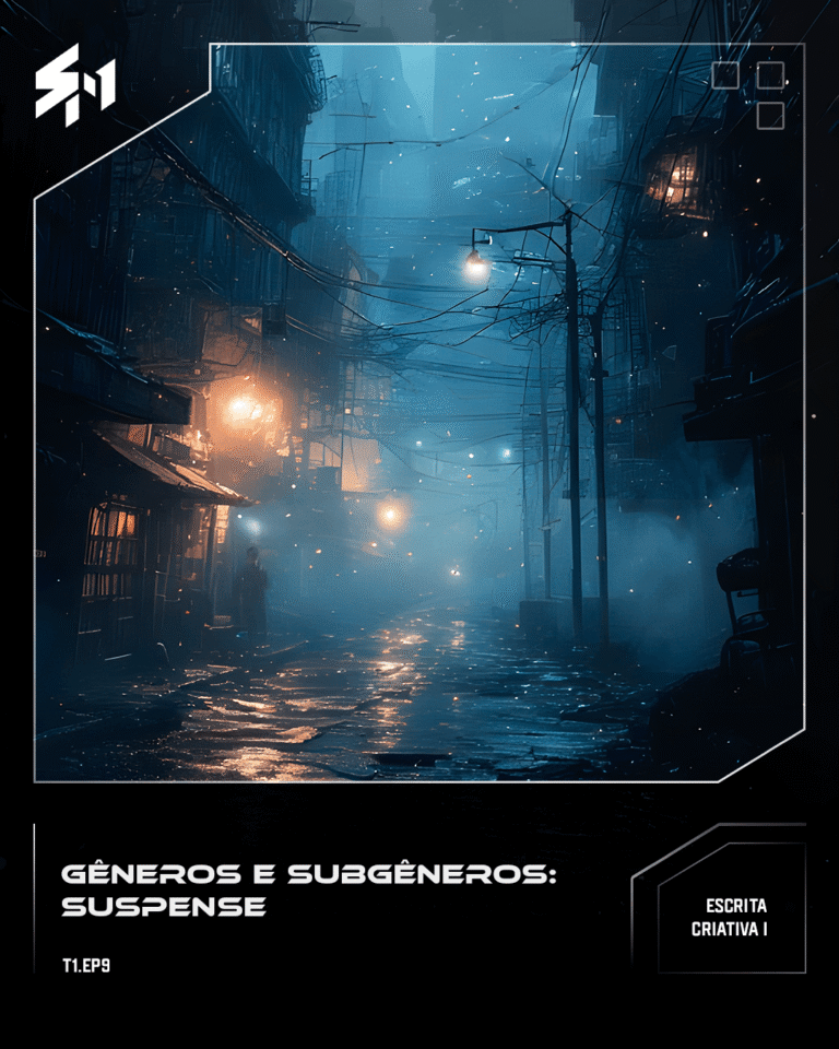 Uma rua vazia e escura com neblina, edifícios com luzes baixas, atmosfera de tensão e mistério.