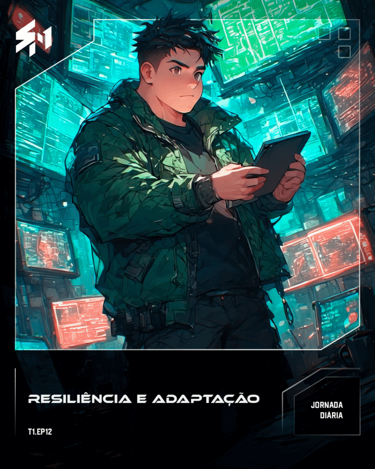 Leo a segurar o seu tablet em pé numa sala rodeado por ecrãs.